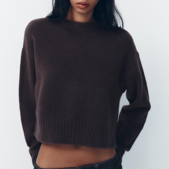 Zara dark purple eggplant touch of wool soft round neck cropped sweater NWT - Picture 2 of 12